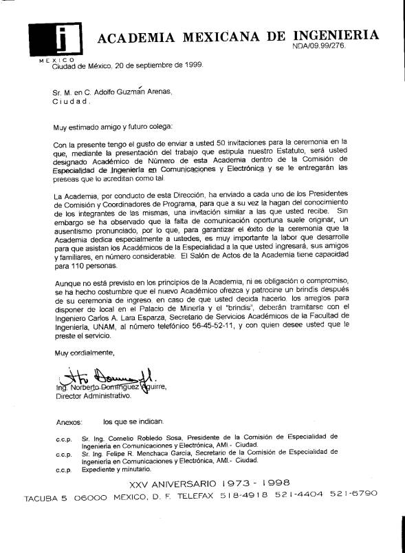 Ingreso de Adolfo Gzumán a la Academia Méxicana de Igeniería, 1999