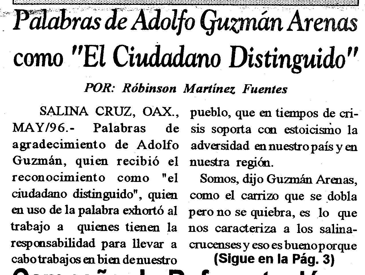Palabras de A. Guzmán cuando es nombrado "Ciudadano Distinguido" en Oaxaca, 1996