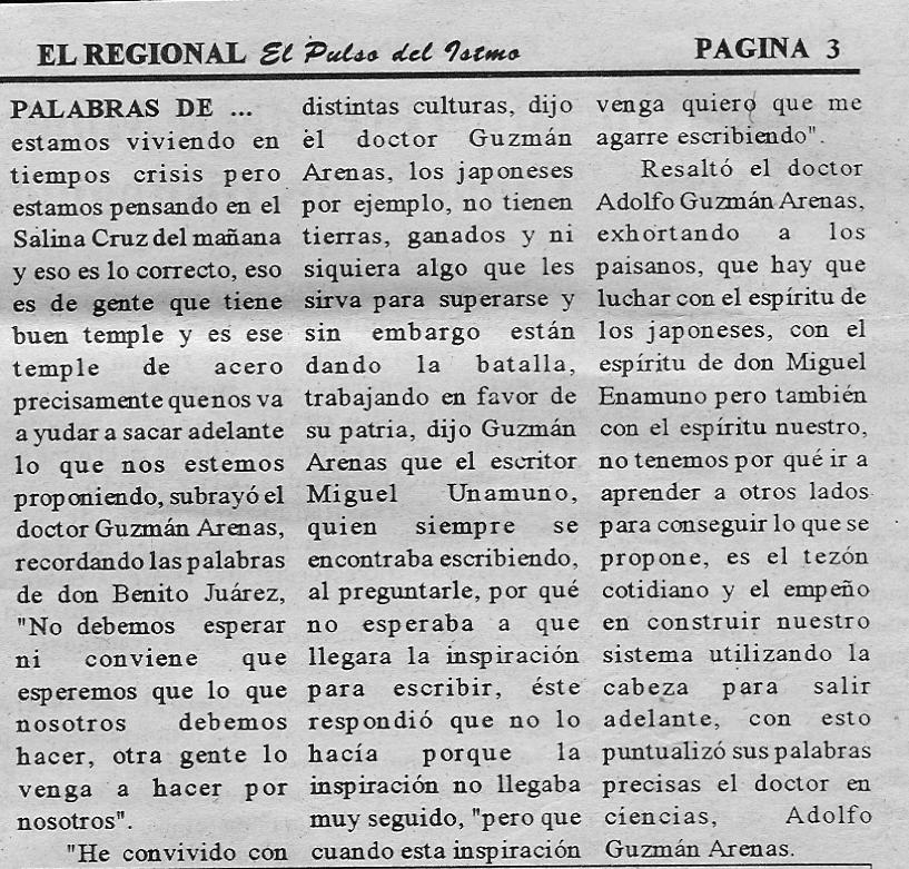 Palabras de A. Guzmán cuando es nombrado "Ciudadano Distinguido" en Oaxaca, 1996