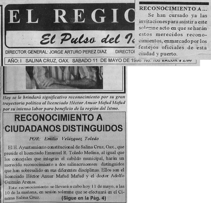 Reconocimiento a Adolfo Gzumán como "Ciudadano Disitnguido " Oaxaca, 1996.