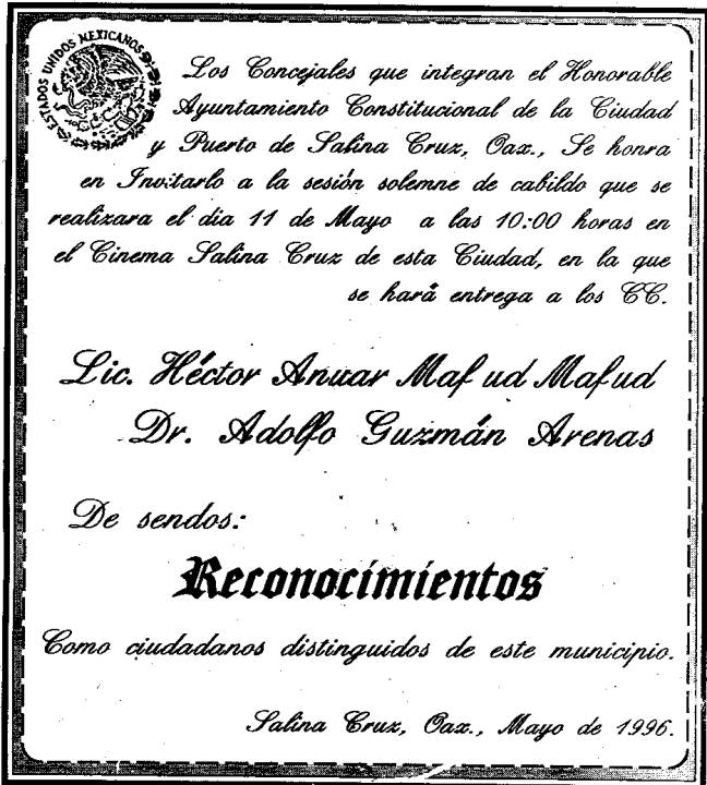 Reconocimiento a Adolfo Gzumán como "Ciudadano Disitnguido " Oaxaca, 1996.