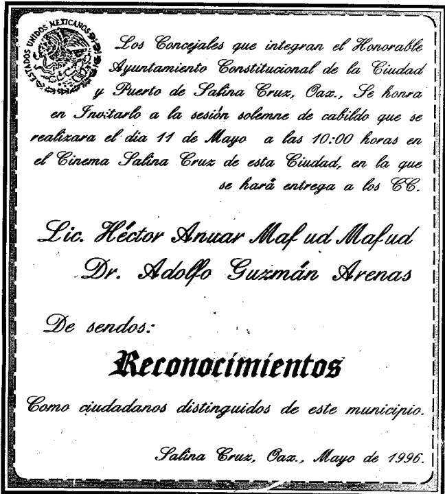 Reconocimiento a Adolfo Gzumán como "Ciudadano Disitnguido " Oaxaca, 1996.